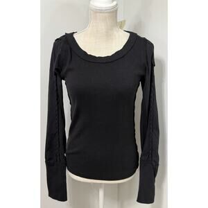 Free People We The Free OB1509678 Black Ribbed Braided Long Sleeve Top Size M